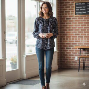 Size Small Navy Blue Floral Long Sleeve Boho Blouse